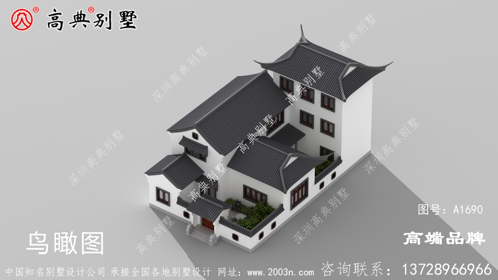 中式大面积户型三层带庭院款式自建房屋住宅