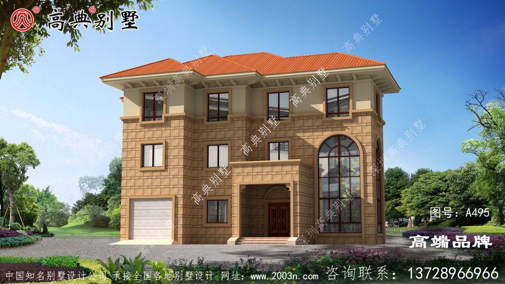 农村房屋设计图三层宽阔大门,全景开窗