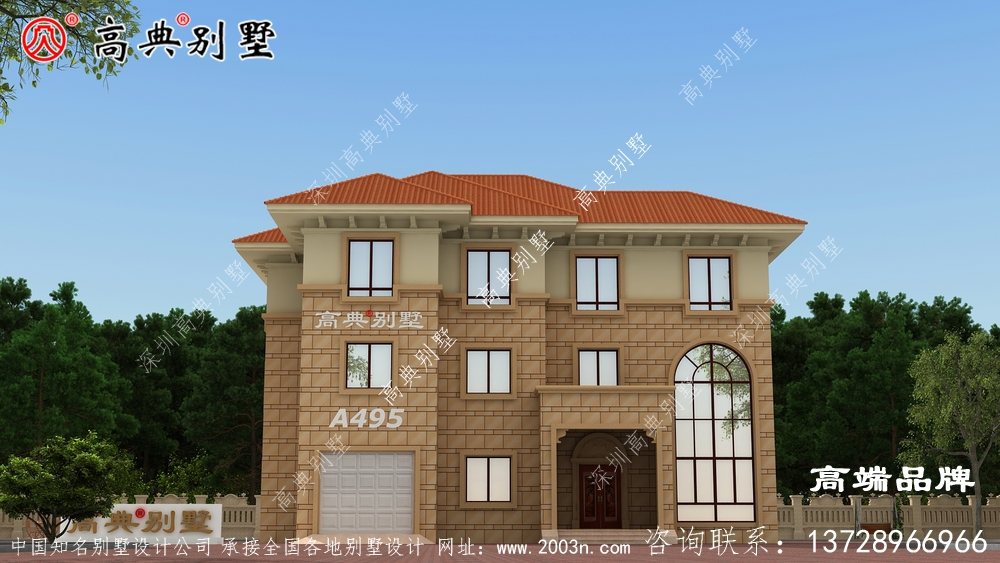 农村房屋设计图三层宽阔大门,全景开窗