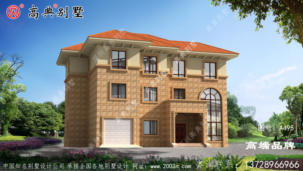 农村房屋设计图三层宽阔大门,全景开窗