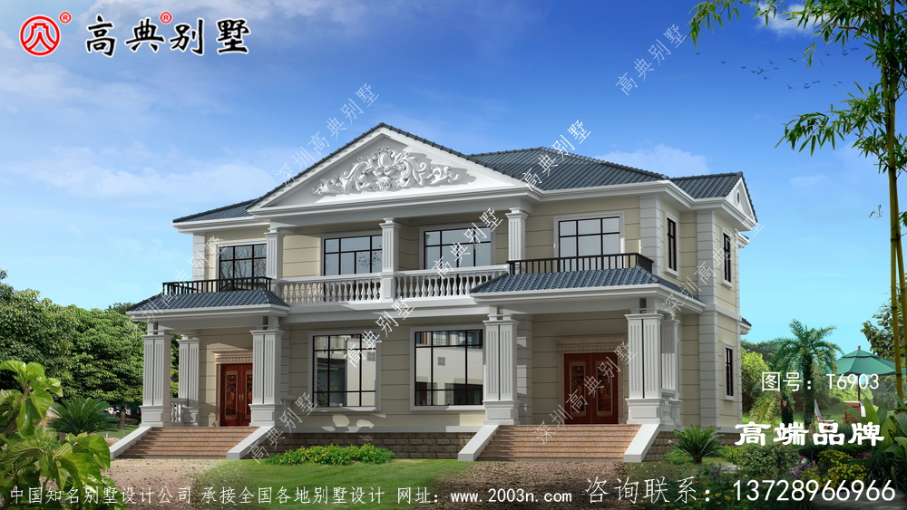 双拼二层小别墅外观效果图配色简约大气,造型错落有致