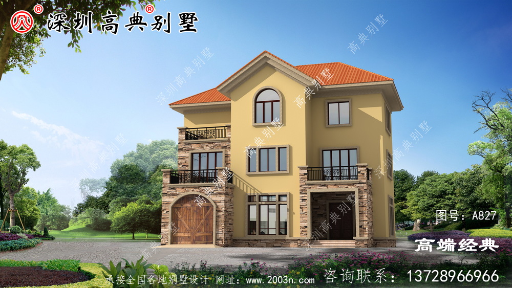 别墅建房实拍图及全套建筑施工图，带车库，建成效果很棒